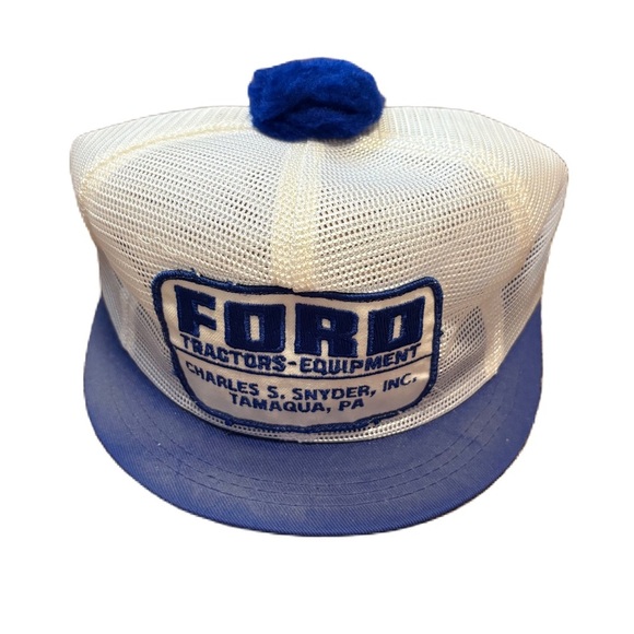 Vintage Ford Tractors & Equipment Patch Blue White Trucker Hat Mini Brim Pom